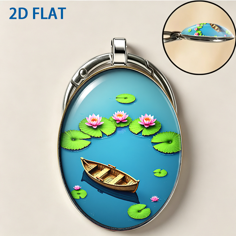 Cartoon Style Tranquil Pond Keychain, Floating Boat Design