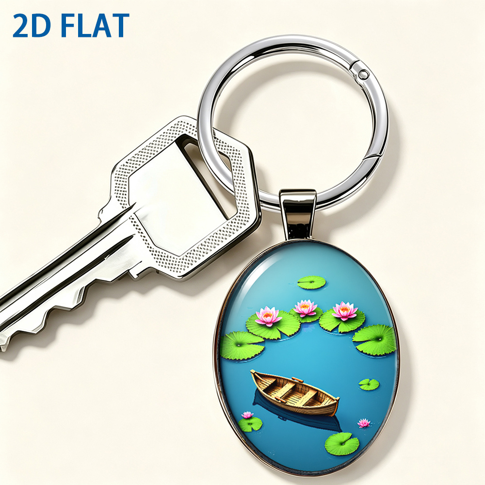 Cartoon Style Tranquil Pond Keychain, Floating Boat Design