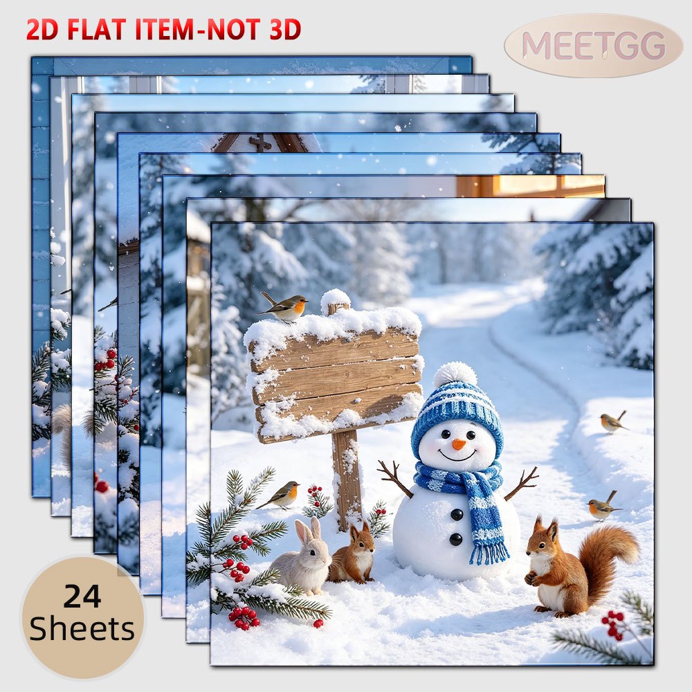 TEMU Mini 24 Sheets Non-repeating 6x6 Inch Winter Snowman Paper Snow Scene Squirrel Rabbit Animal Printed Thin Paper Junk Journal Collage Winter