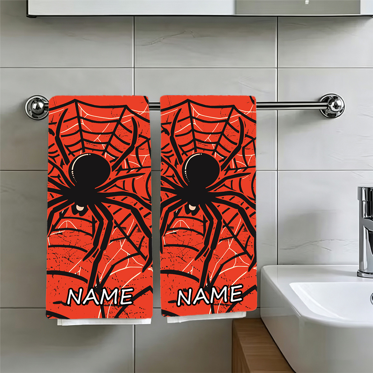 TEMU 1pc"red Black Web Pattern" Towel, Customizable Text Towel, Personalized Name Towel, Cartoon Anime Towel, Autumn Gift, Striped Design, Suitable