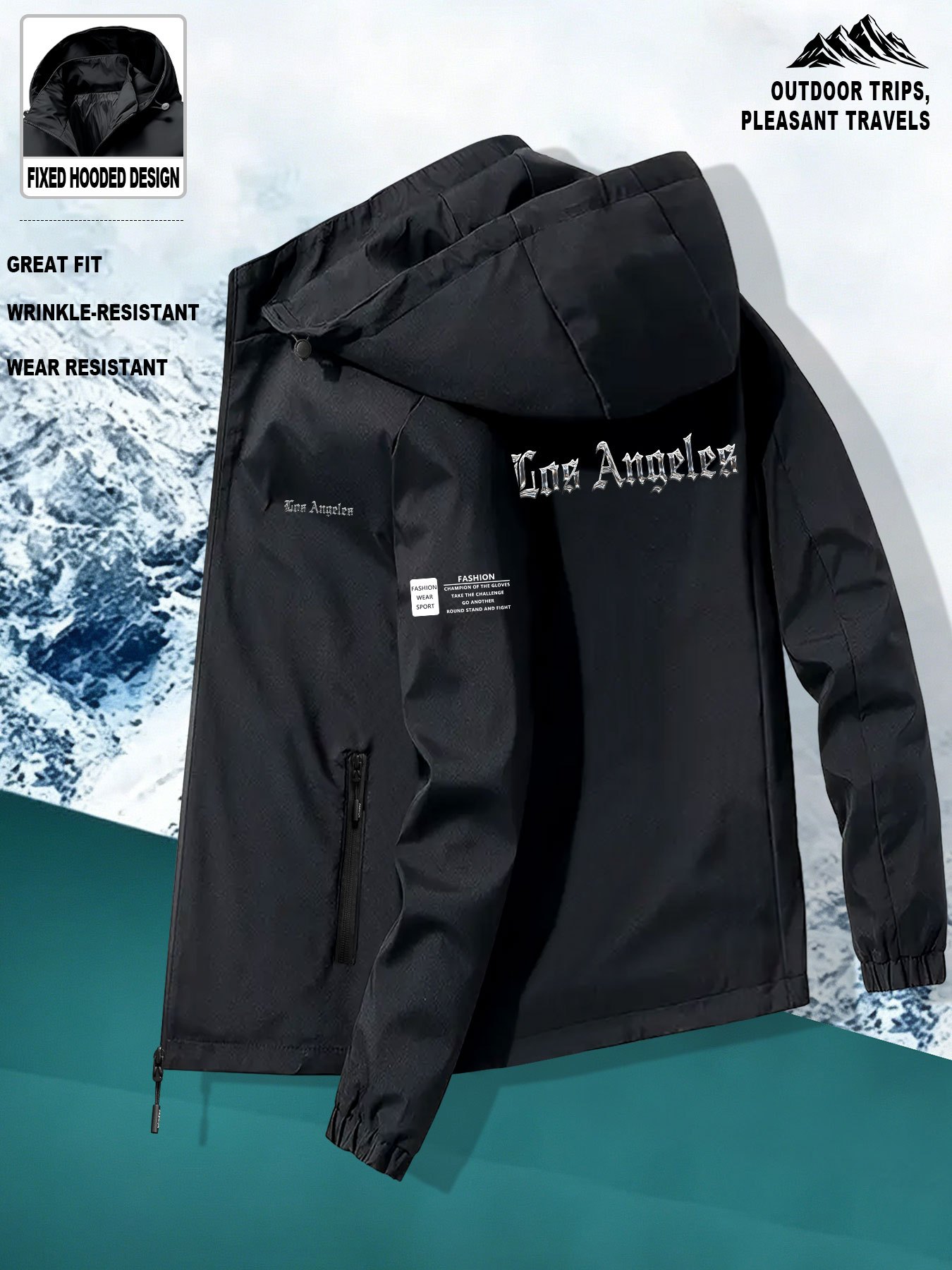 imagem do item corta-vento masculino com estampa de fonte para /outono, agasalho para outono/inverno, com bolsos com zíper, de usar para passeios diários