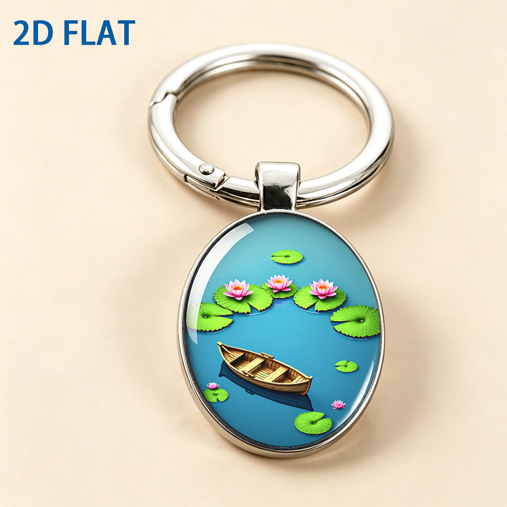 Cartoon Style Tranquil Pond Keychain, Floating Boat Design