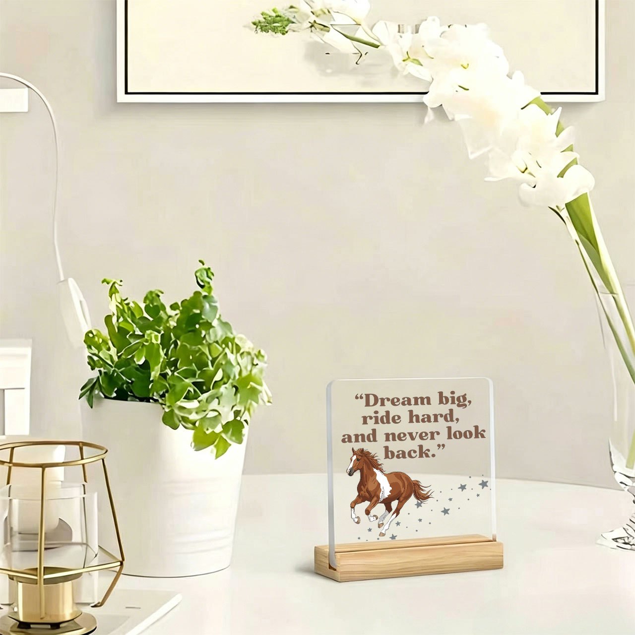 TEMU 1pc Running Brown And White Horse Riding Slogan Standing Paperweight, Inspirational Slogan, Warm Slogan, Acrylic Ornament, Home Decor, With