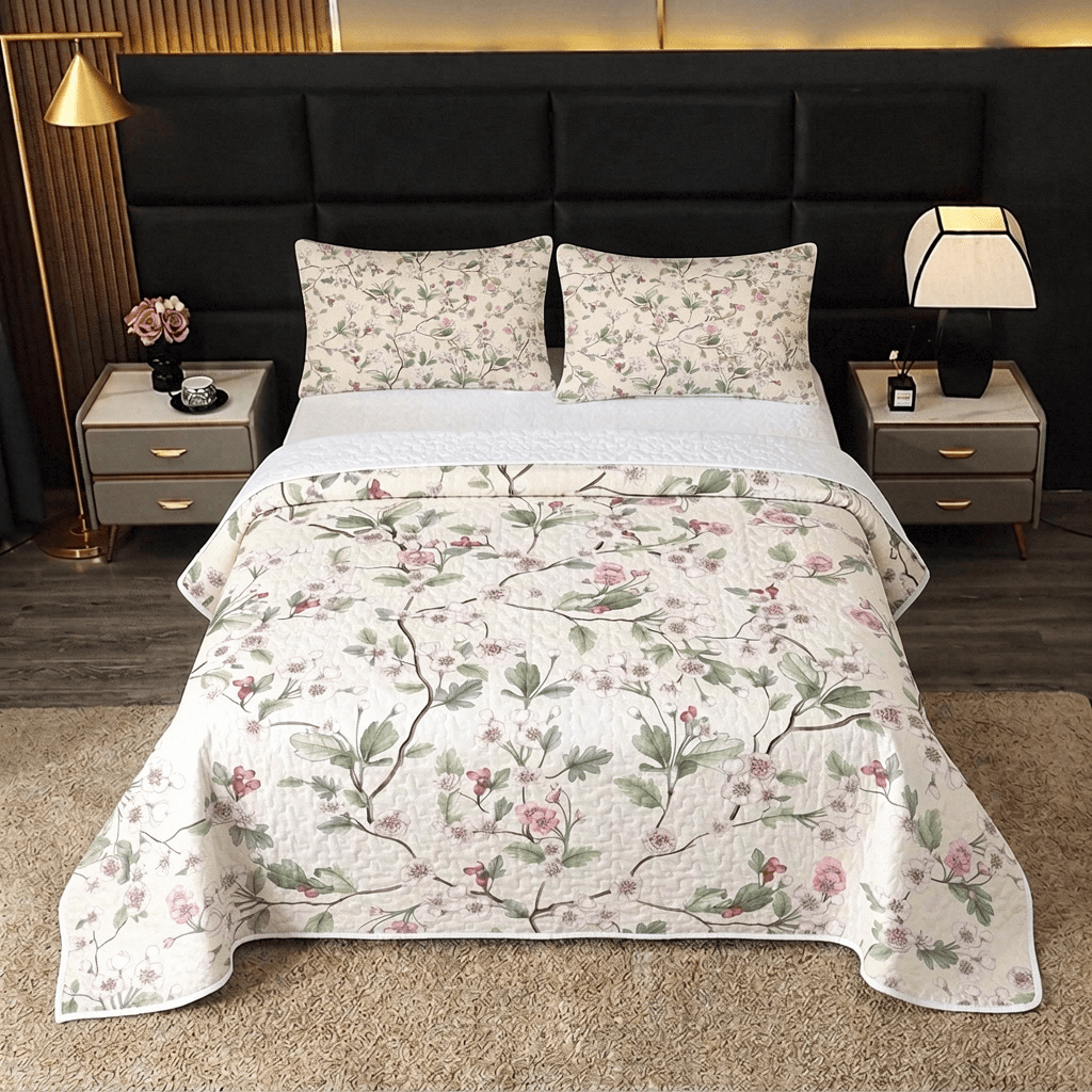 TEMU Quilted Bed Cover 3pcs Set, Floral Branches With Pink And White Blossoms, Polyester With Full Wrapped Edge, Machine Washable All-size Bedspread,