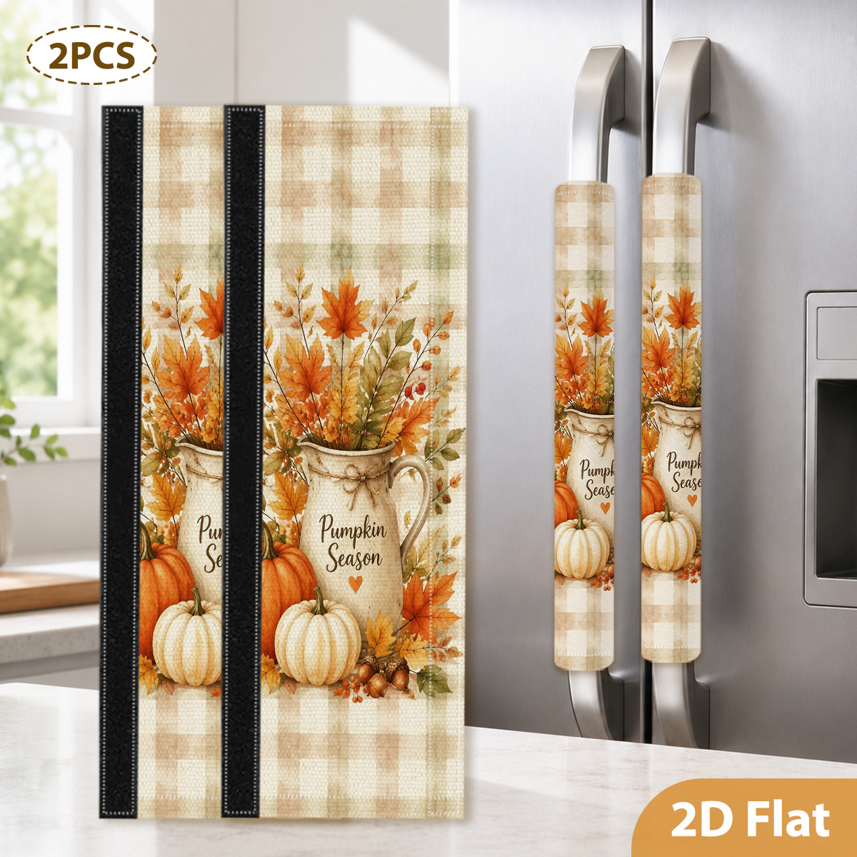 TEMU 2pcs Double-sided Printed Refrigerator And Microwave Handle Covers - Autumn Kitchen Decor With Pumpkin Print, Housewarming Gift, 2d Flat,