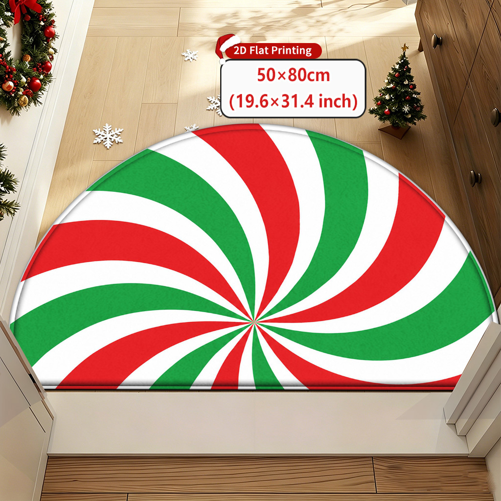 TEMU Terraloom Semi-circular Christmas Suitable For Bathroom, Non-slip Soft Flannel Welcome Mat With Red/green/white Striped Swirl Pattern, Machine