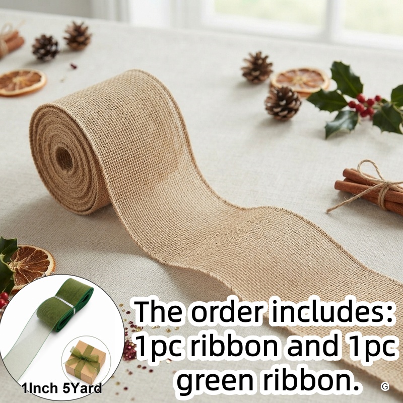 TEMU 5 Yards/10cm (4 Inch) 1pc Ribbon And 1pc Green Ribbon With Wire Edge Woven Tape, Brown, Natural, Wreath Bow Ribbon, Suitable For Party Wreaths,