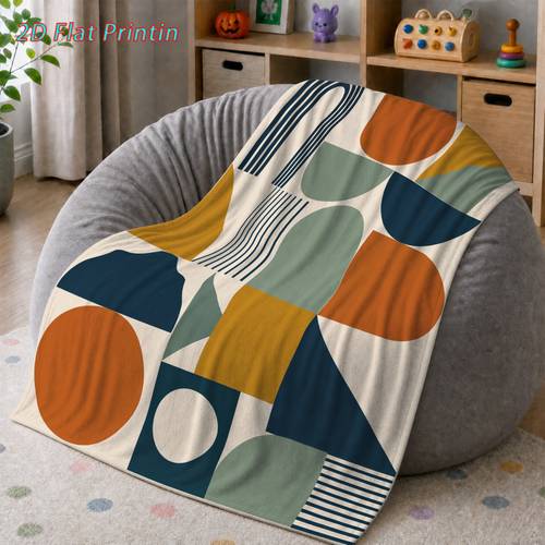 1pc 2d flat printing modern abstract geometric vintage color block printed flannel blanket suitable for sofa bed travel camping living room office couch chair and bed printed blanket made of soft and warm flannel fabric