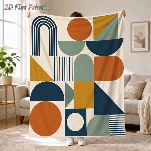 item picture 1pc 2d flat printing modern abstract geometric vintage color block printed flannel blanket suitable for sofa bed travel camping living room office couch chair and bed printed blanket made of soft and warm flannel fabric