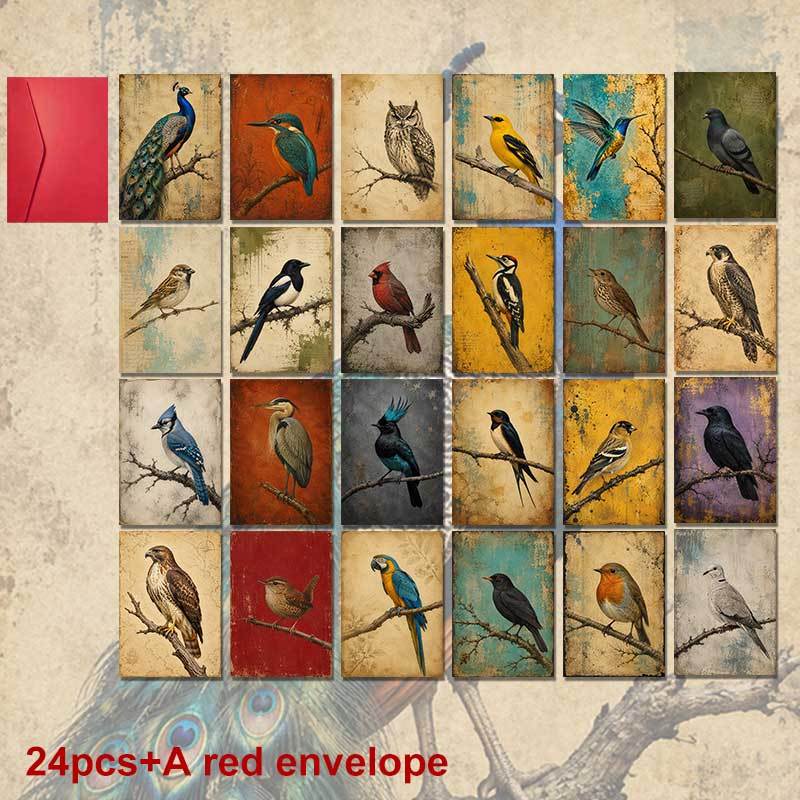 TEMU 24-pack+a Red Envelope Exquisite Seasonal Postcard, Various Birds Perched On Branches With Text Nature Greetings, Suitable For , Holiday Vintage
