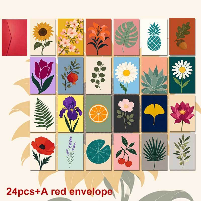 TEMU 24-pack+a Red Envelope Vibrant Botanical Spring Postcard, Assorted Floral And Fruit Patterns Greetings, , Seasonal Greeting Minimalist Art