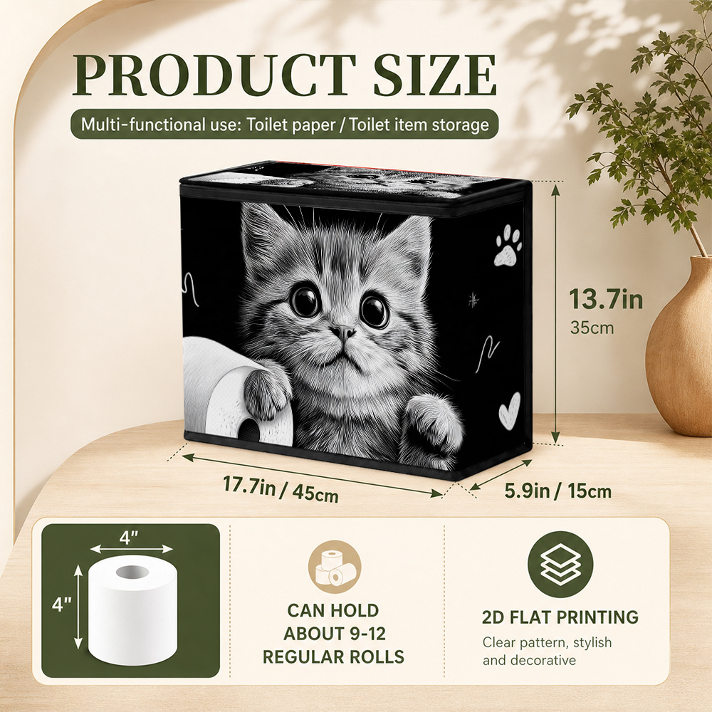 TEMU (Plat 2D) 1 pièce Rangement pliable pour papier toilette avec imprimé chat tenant du papier - Organisateur spacieux avec couvercle pour salle de
