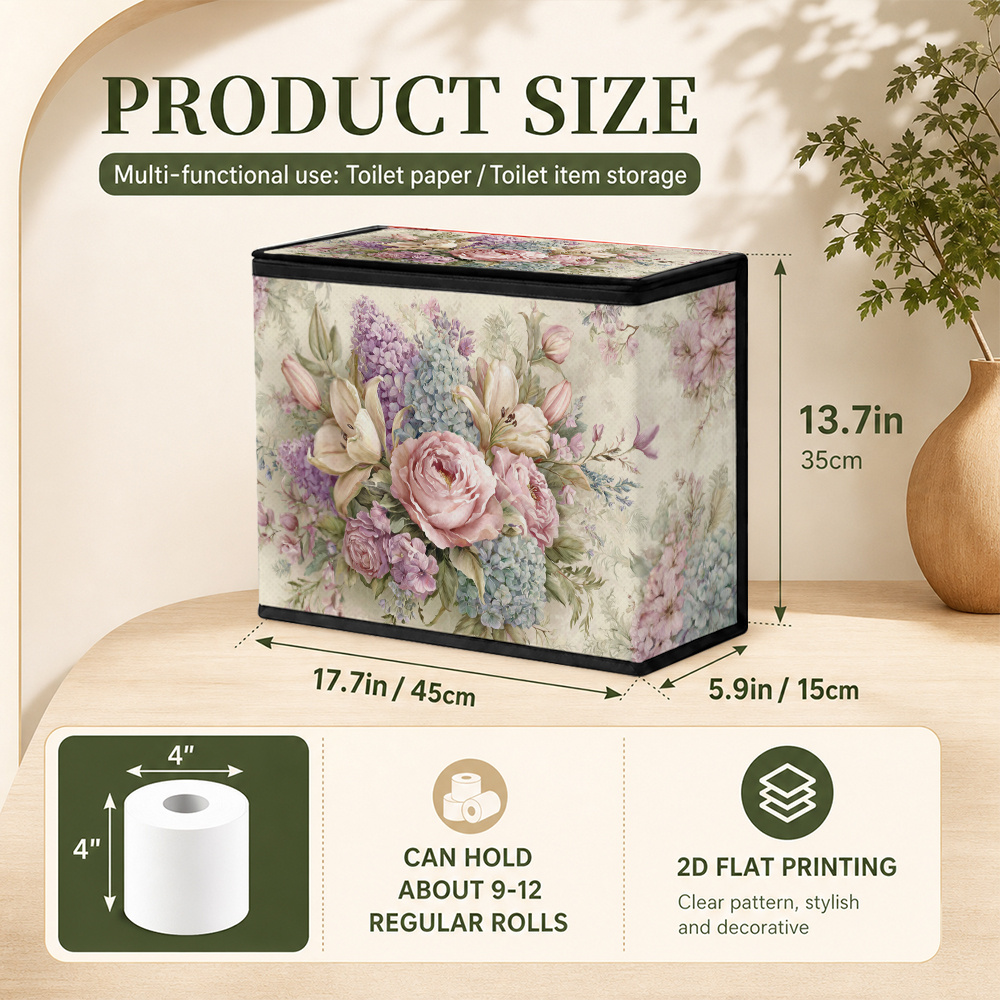 TEMU (2d Flat) 1pc Toilet Paper Storage Basket With Elegant Printed Design, Zippered Multi-functional Tissue Organizer Box, Foldable Bathroom Home