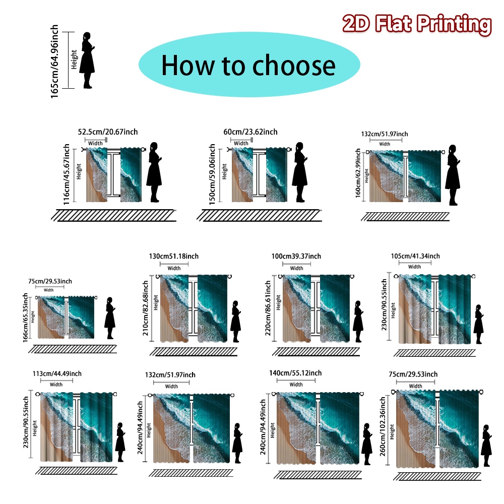 2d 플랫 - 2d 플랫 - 2d 플랫 프린팅 커튼 2개 세트, 해안의 평화, 시크한 스타일의 커튼 프린트, 빛 필터링 커튼 장식, 실외용, 거실, 사무실, 주방, 침실, 서재, 커피숍, 레스토랑에 적합