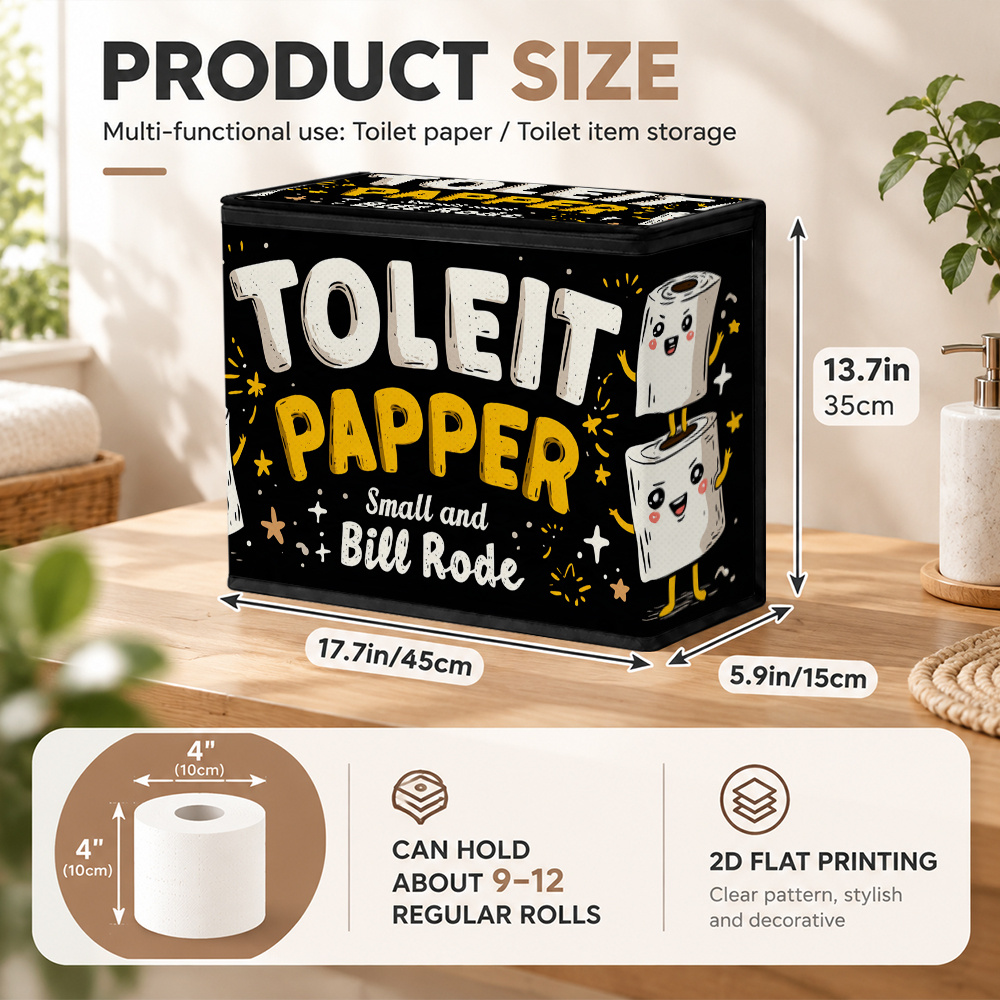TEMU (1 pièce) Panier de rangement pliable pour papier toilette avec couvercle et imprimé dessin de papier toilette (plat 2D) - Organisateur grande