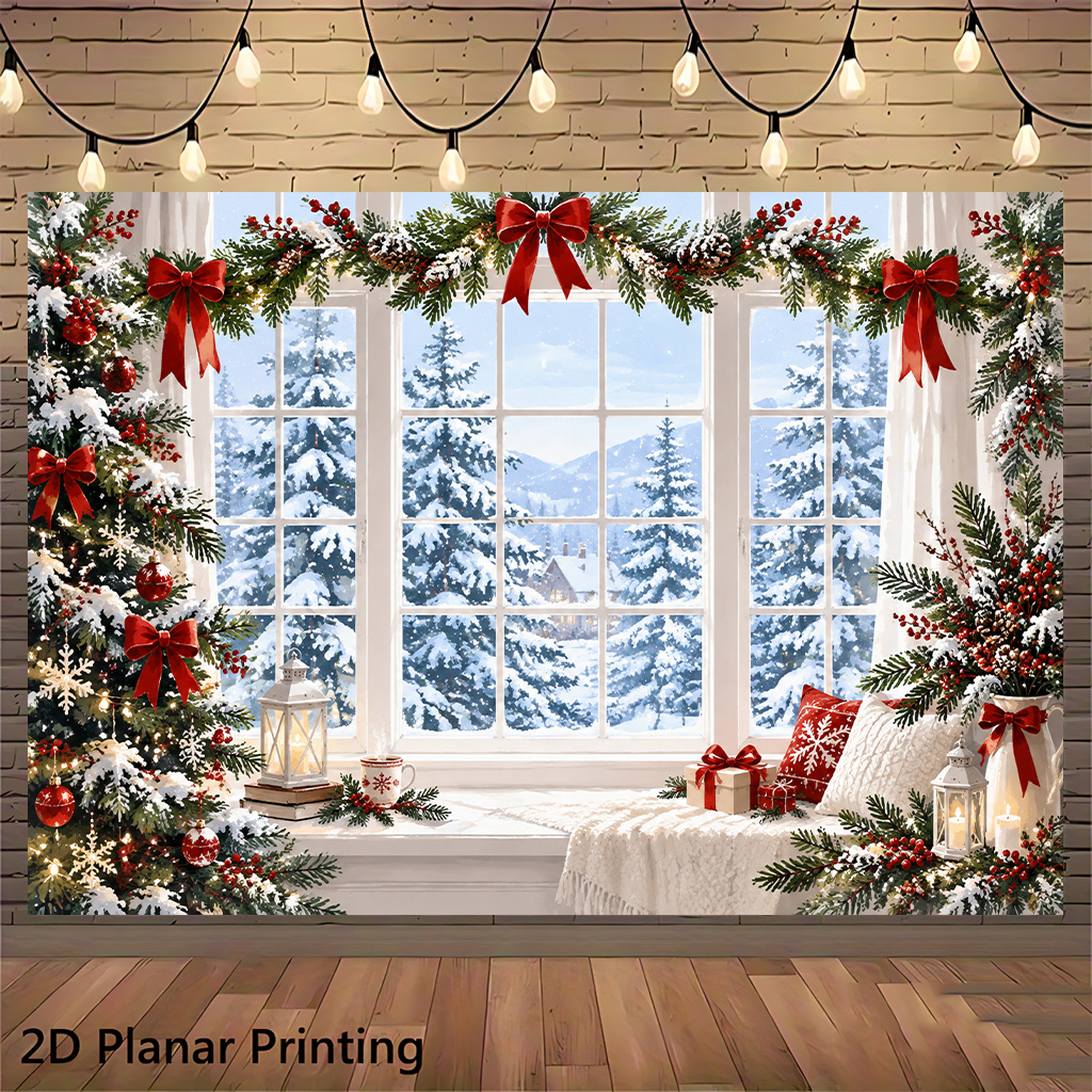 TEMU 2d Flat, 1pc Window Window Wall-mounted Backdrop Cloth Suitable For Christmas, New Year, Birthday Decorations - Winter Themed Fabric Banner With