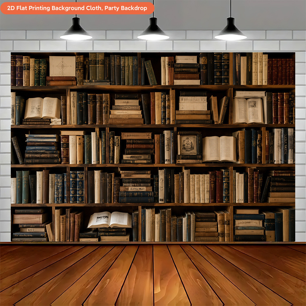 Wooden Bookshelf Filled Books Polyester Backdrop