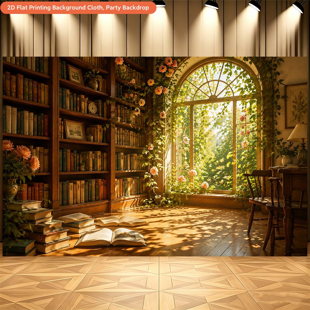 Bookshelf Bathed in Warm Light Polyester Backdrop