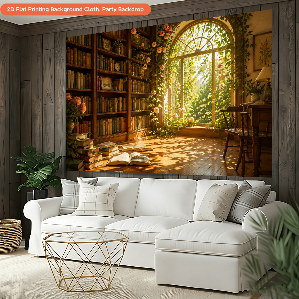 Bookshelf Bathed in Warm Light Polyester Backdrop
