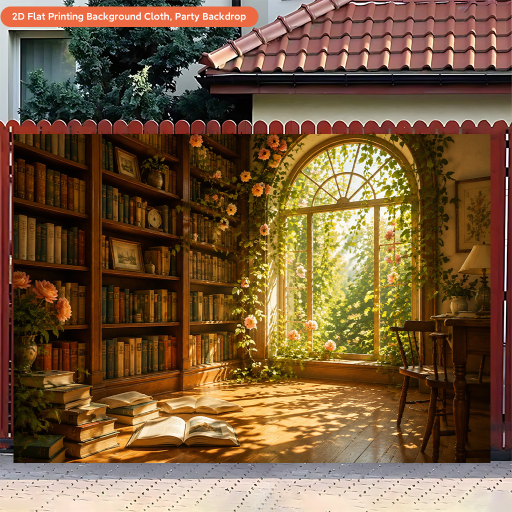2D Flat Printing Backdrop Banner, Bookshelf Bathed in Warm Light