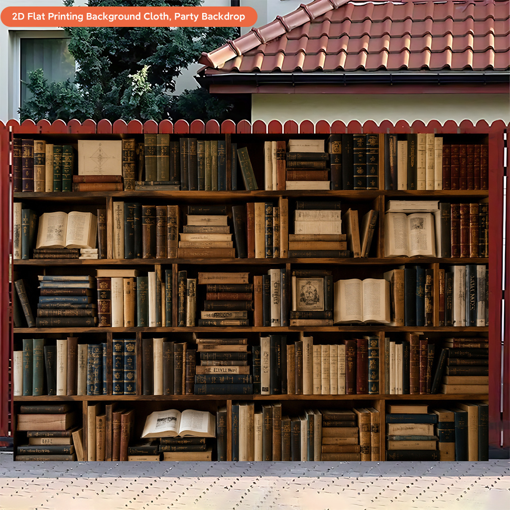 Wooden Bookshelf Filled Books Polyester Backdrop