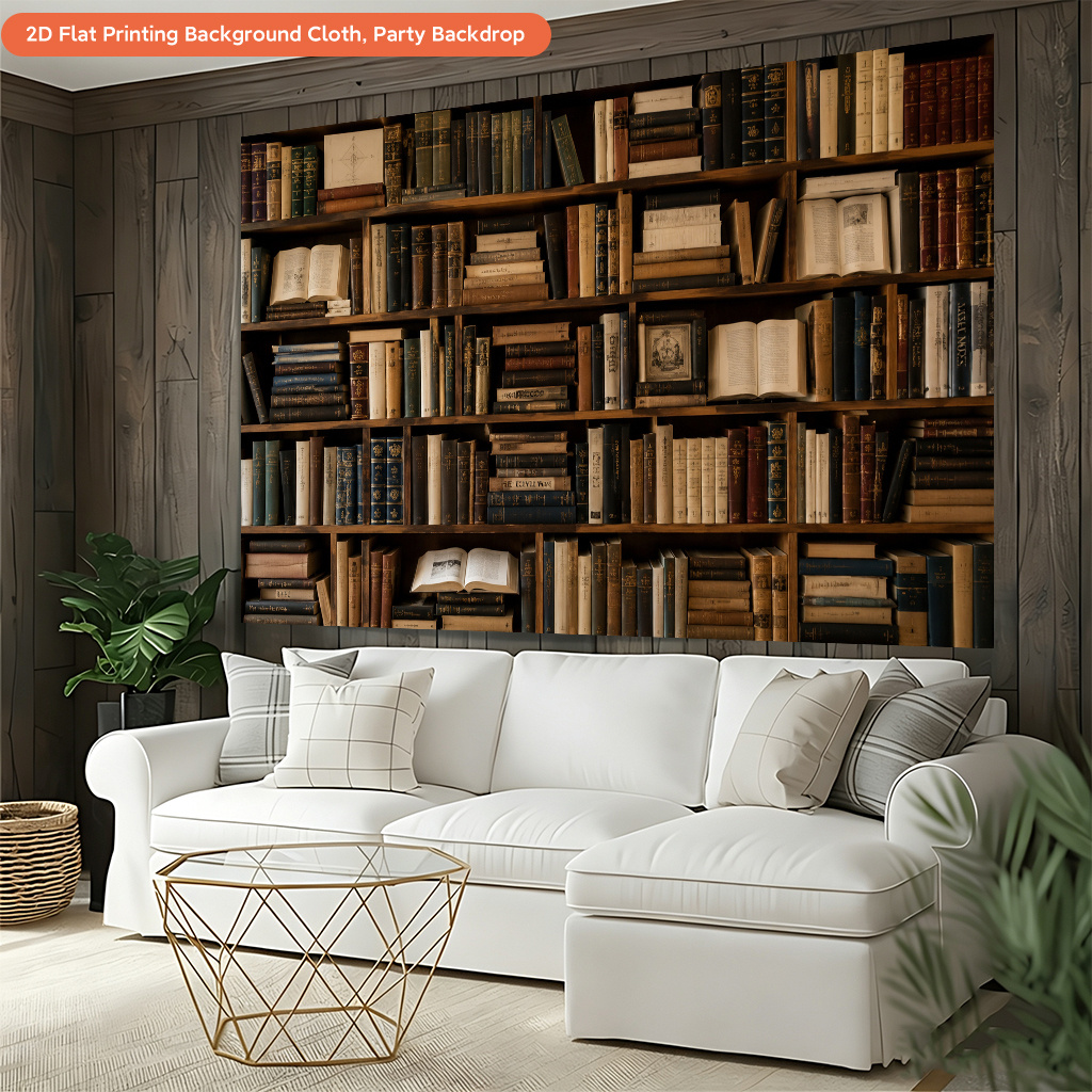 Wooden Bookshelf Filled Books Polyester Backdrop