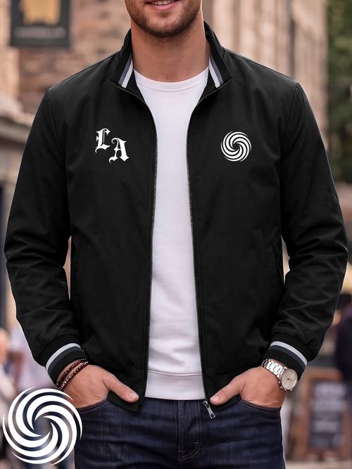 item picture mens autumn stand up collar jacket spiral swirl and la letter pattern casual comfortable high neck jacket outerwear