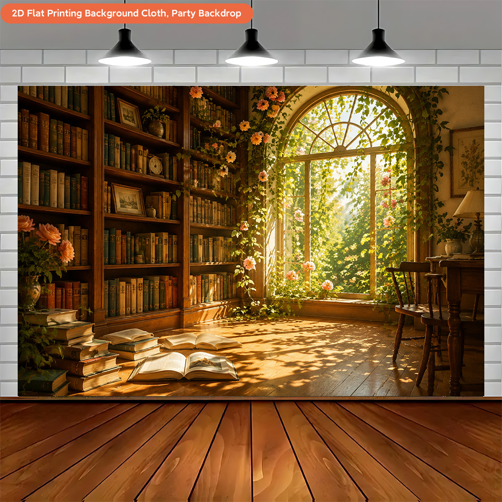 Bookshelf Bathed in Warm Light Polyester Backdrop