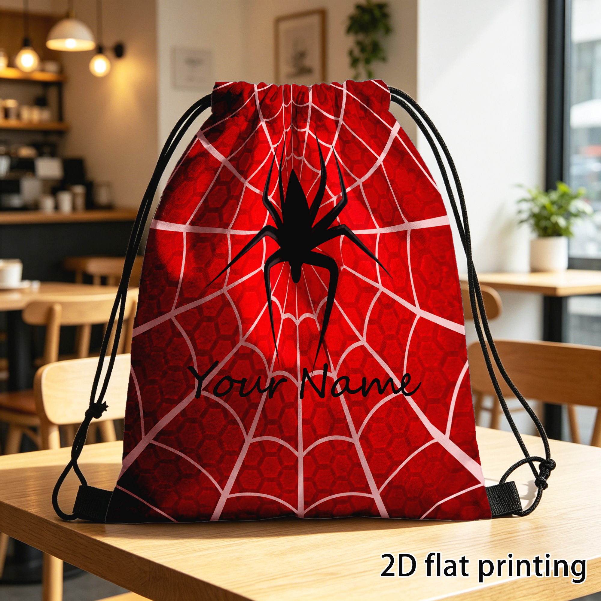 TEMU 1pc Customized Drawstring Backpack With Black Spider Print - Double-sided Suitable For Travel, Gym,, Book Storage | Lightweight Durable With