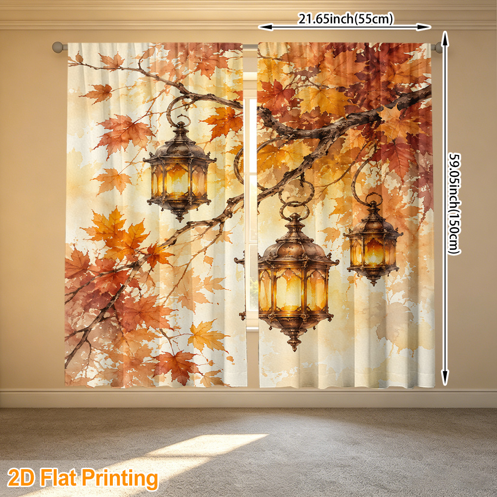 TEMU 2pcs Autumn Lanterns Pattern Curtains, Polyester Fabric Light Filtering, Privacy Protection, Suitable For Living Room, Bedroom, Kitchen Decor