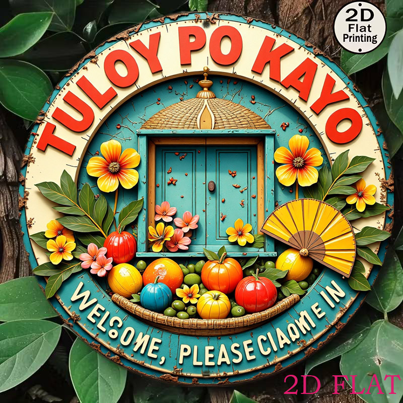 TEMU 2d Flat - 8 Inch Round Aluminum Wall Round Sign 1pc, Filipino Po Sign Tropical Floral Door Wall Art Decor For Patio Balcony Outdoor Party