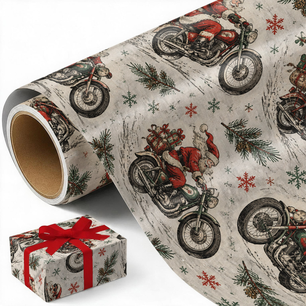 TEMU 1 Roll Large Roll Santa Motorcycle Wrapping Paper Suitable For Holiday Gifts, Motorbike-themed Party Decorations, Single-sided Pp Gloss-free