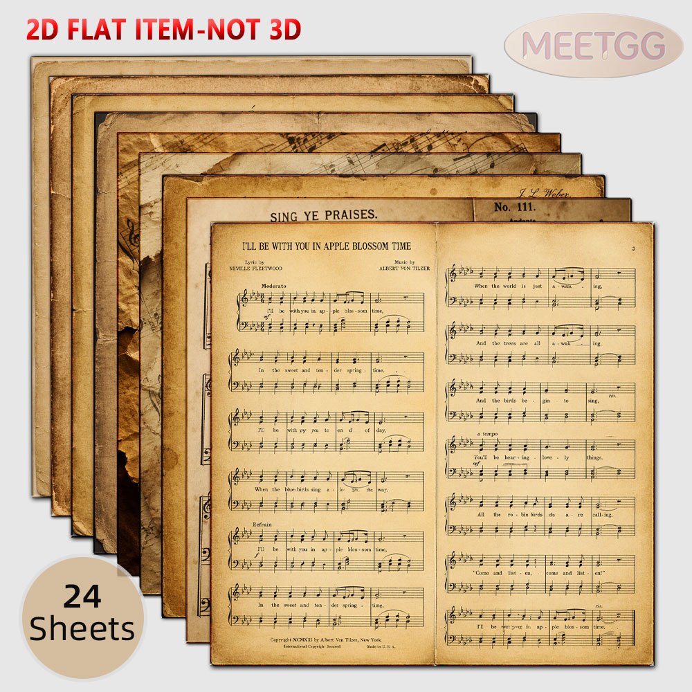 TEMU 2d Flat Mini 24 Sheets Non-repeating 6x6 Inch Vintage Music Paper, Old Sheet Music Piano Keys Printed Journal Paper, Junk Journal, Distressed
