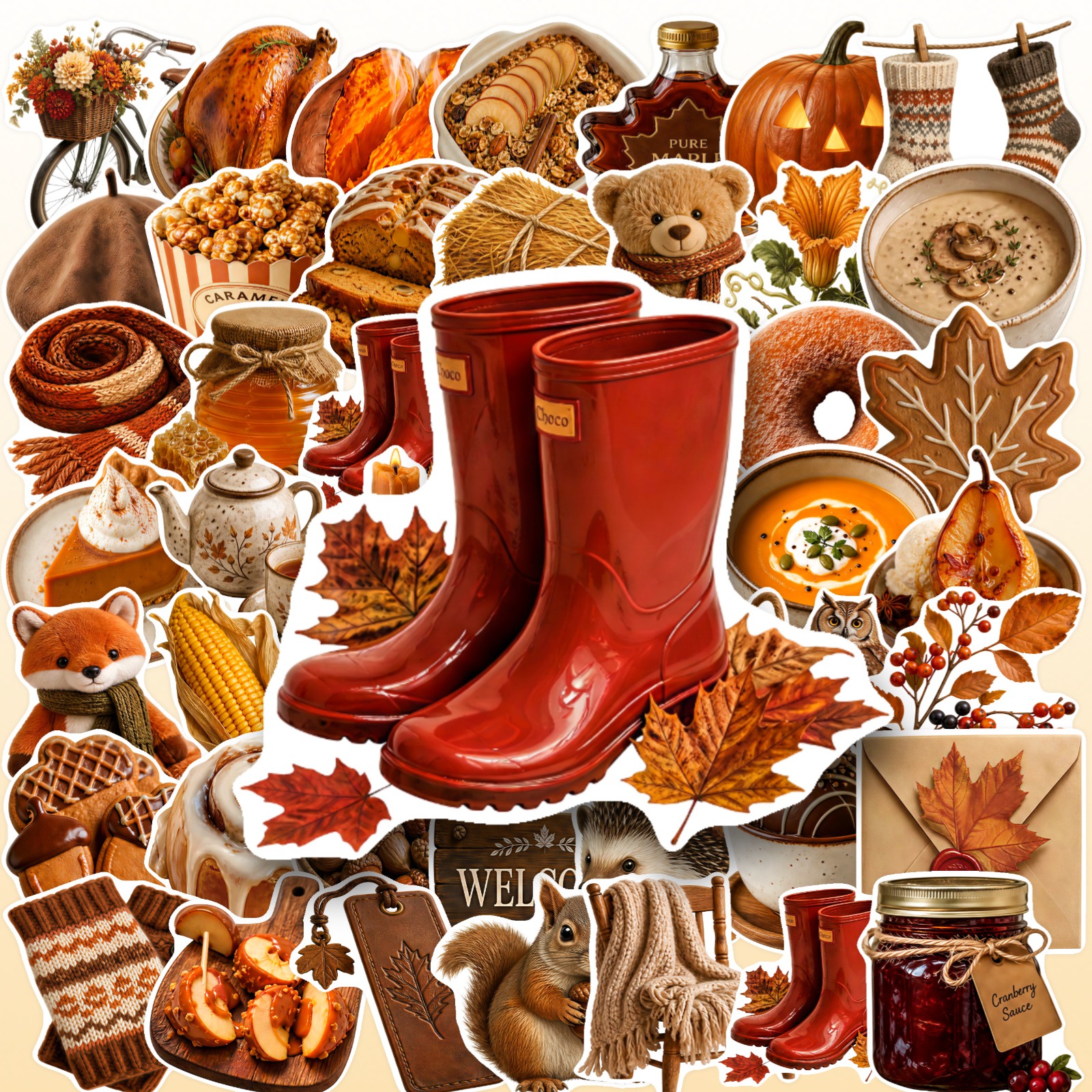 TEMU Cozy Fall Vibes Grab 50 Pack Autumn Themed Stickers Featuring Rain Boots Turkeys Pumpkins Warm Treats And More