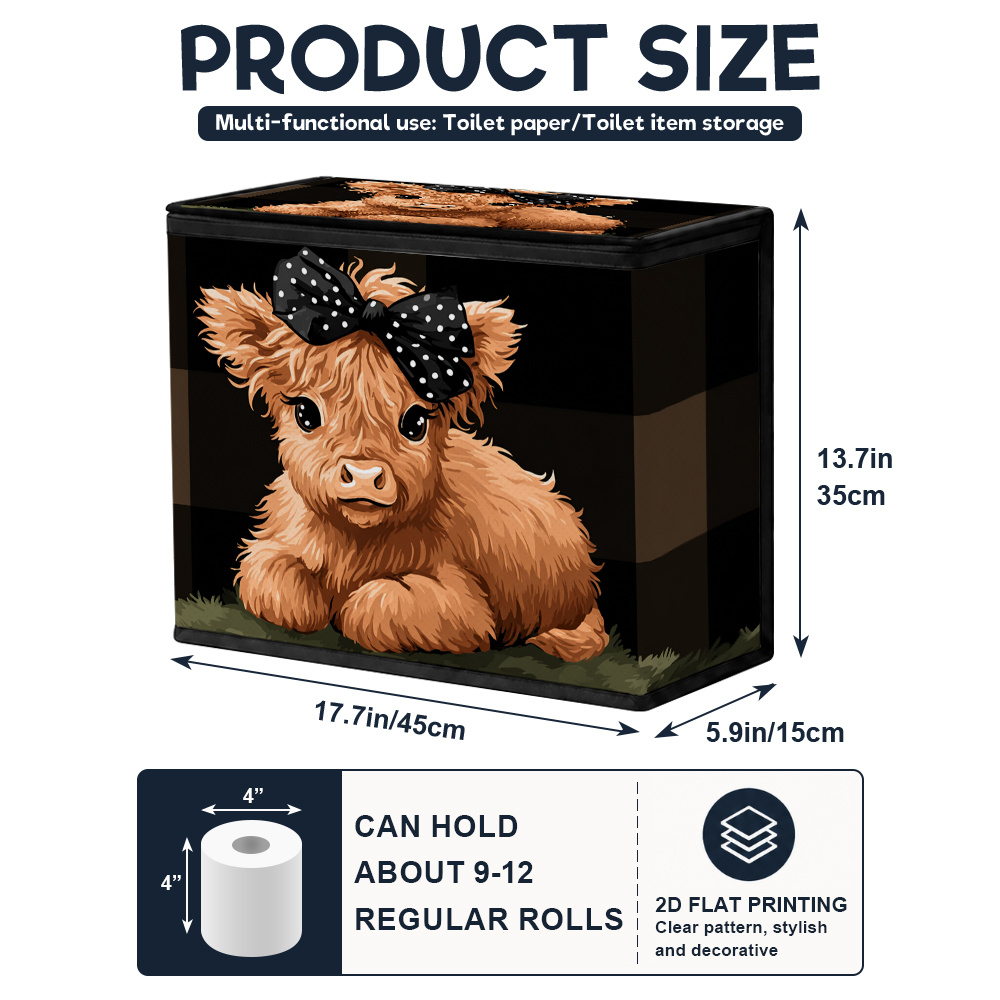 TEMU 2d Flat,1pc Toilet Paper Storage Basket, Cute Highland Cow With Bow Printed Art Pattern With Lid, Large Capacity Modern Bathroom Sundries