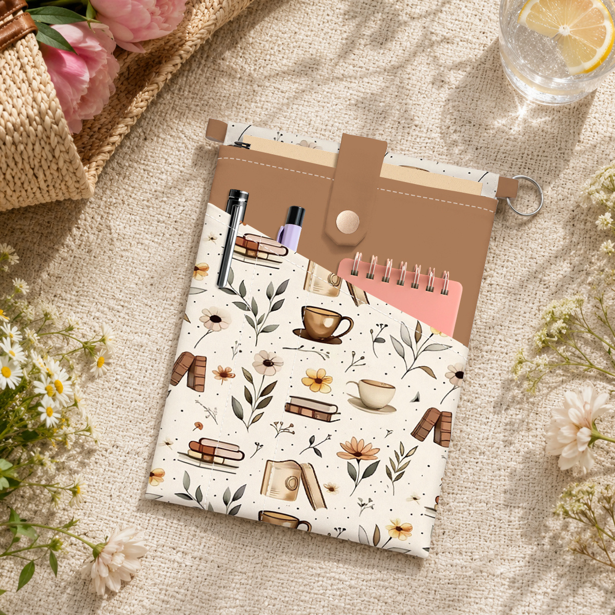 TEMU 1pc Polyester Fiber Book Beige Books Coffee Floral With Pocket Suitable For Storing Pens, A5 Sized Books, And Notebooks. Ideal For Organizing