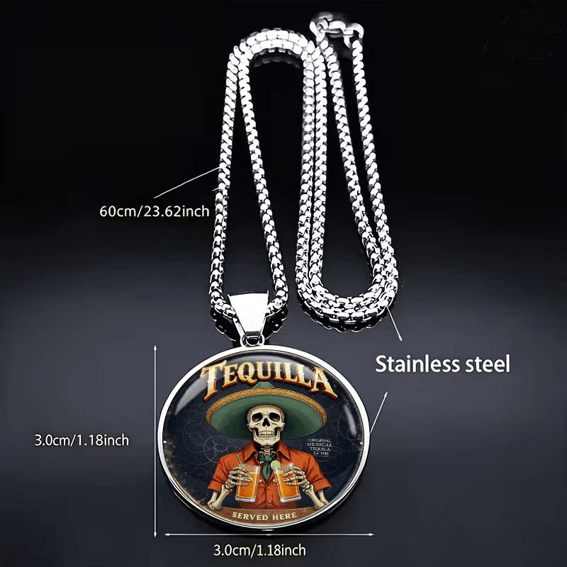 2D FLAT Vintage Mexican Agave Skull Pattern Stainless Steel Necklace