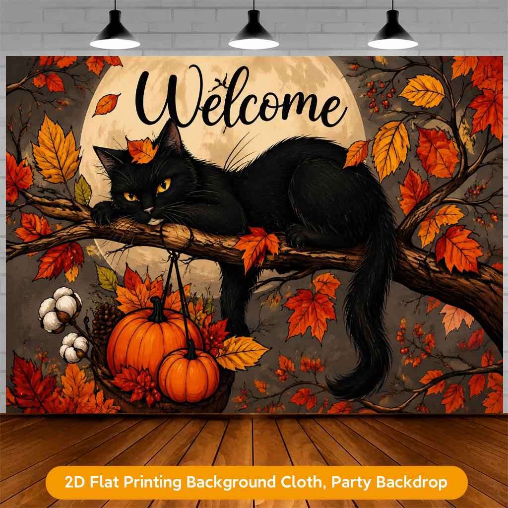 item picture 2d flat 1pc   suitable for halloween cat on branch banner square wall hanging with photographic backdrop outdoor decoration for patio garage door parties easy to hang themed print for weddings birthdays christmas 2d flat