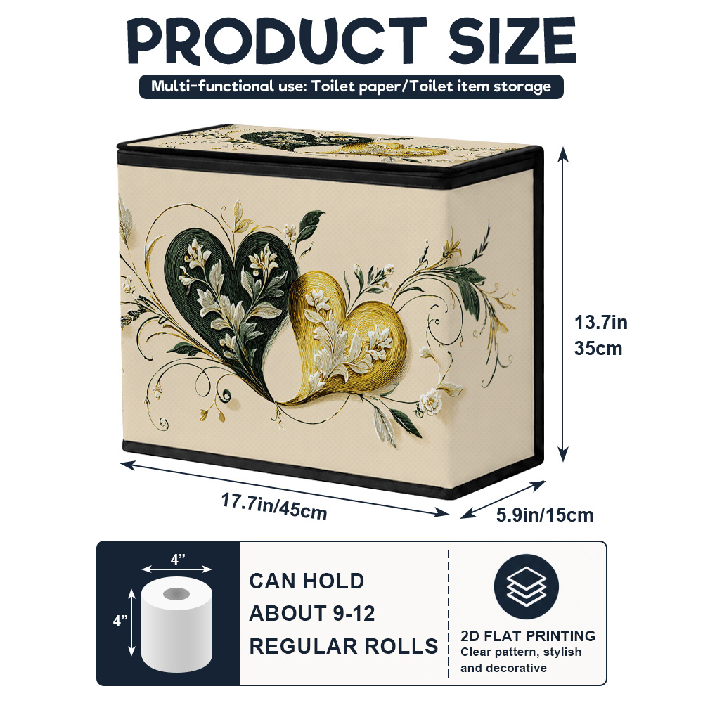 TEMU 2d Flat,1pc Toilet Paper Storage Basket, Floral Hearts Printed Pattern, Foldable With Lid, Large Capacity Suitable For Storing Toilet Paper,
