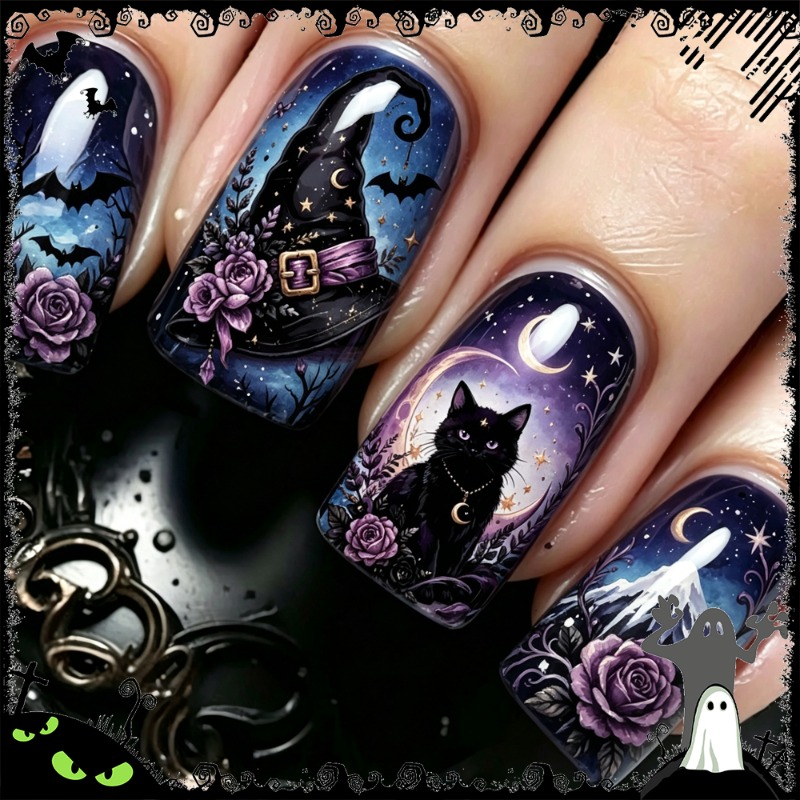 TEMU 24pcs Halloween Nail Art Set Black Cat, Rose, Hat, Ghost And Starry Pattern Decorative Nail Stickers, False Nail Patches, , Halloween Holiday