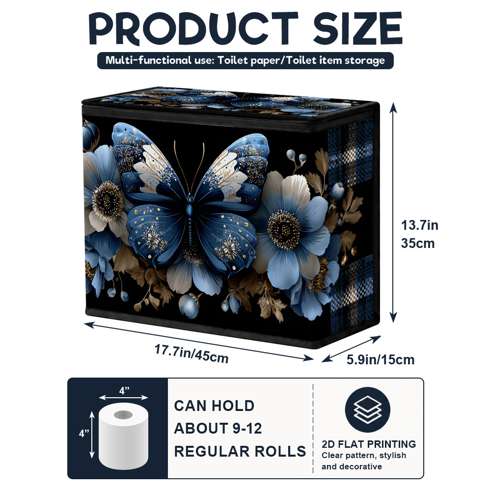 TEMU 2d Flat, 1pc Toilet Paper Storage Basket Blue With Flowers Print, Bathroom Towel And Tissue Storage Bin For Home Daily Use, Restroom Supplies