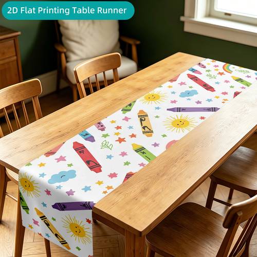 item picture 2d flat printing table runner 1pc colorful crayons and smiling suns printed polyester table runner for entryway console table kitchen dining table home decor party supplies halloween christmas thanksgiving gift