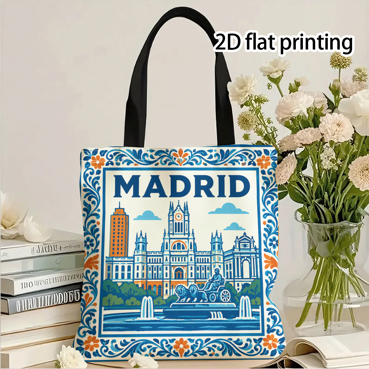 TEMU Bolsa tote con temática de Madrid, adecuada para viajes y regalos, bolso de con estampado de azulejo español y diseño del horizonte de Madrid,