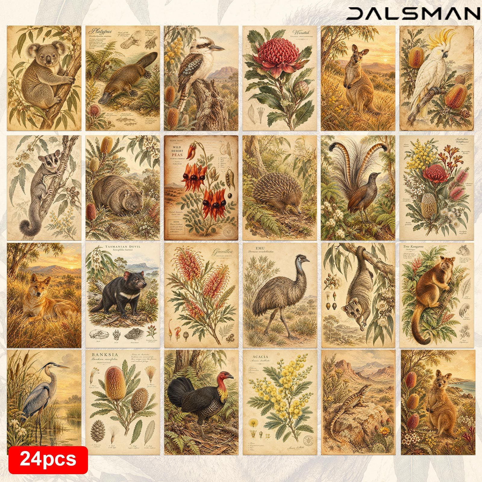 TEMU 24-pack Vintage Australian Wildlife Postcards Set Botanical Illustration Art Prints For Greeting Cards For Travel Souvenir Collection Dalsman