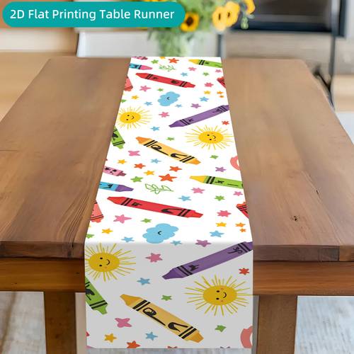 2d flat printing table runner 1pc colorful crayons and smiling suns printed polyester table runner for entryway console table kitchen dining table home decor party supplies halloween christmas thanksgiving gift