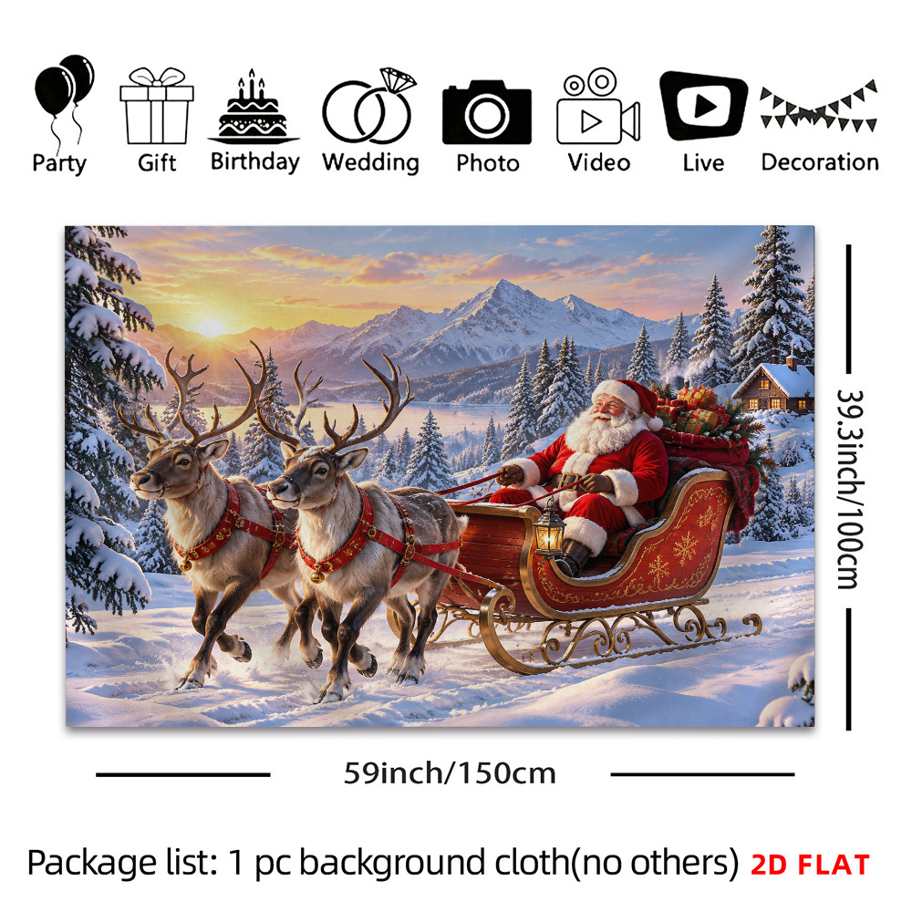 TEMU 2d Flat, [2d Flat] 1pc Tapestry Santa Sleigh With Reindeer In Scene Tapestry, Christmas Room Decor Large Polyester Tapestry For Family Events,