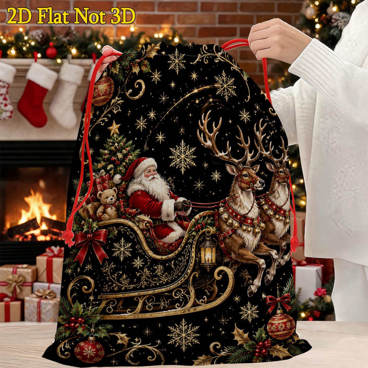 TEMU 1pc Large Luxury Vintage Jumbo Drawstring Gift Bag Suitable For Christmas, Birthday Parties, Weddings - Santa Claus & Sleigh With Black & Golden