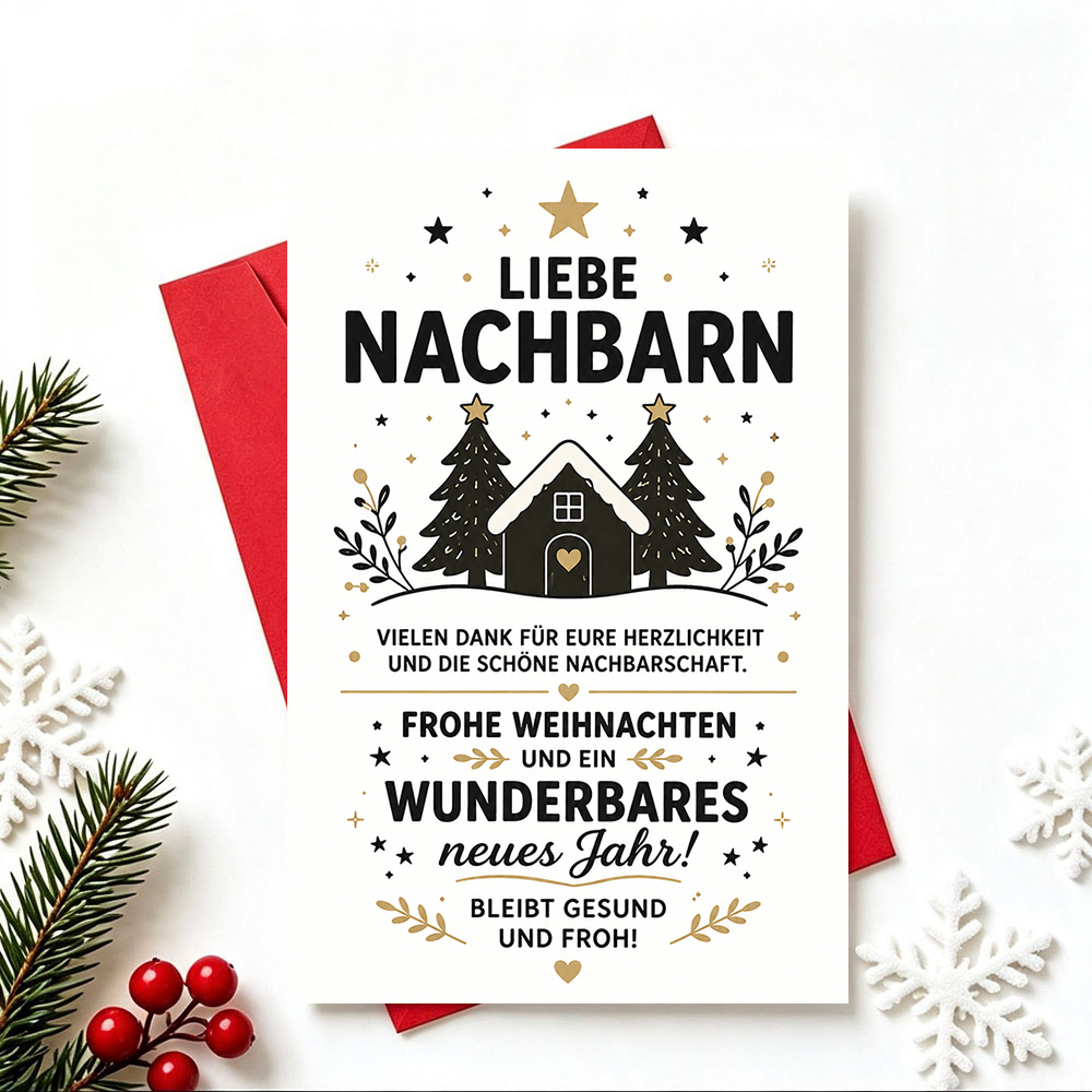 Image of 1pc Greeting Card And 1pc Envelope Elegant Christmas Greeting Card, Snowy House And Trees Design " For Neighbors", Suitable For Neighbors, Minimalist Style Greeting Card