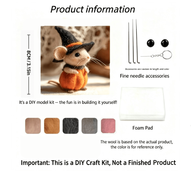 TEMU Souris Citrouille, Beige , Kit de feutrage à l'aiguille à soi-, tutoriel, kit d'outils , Noël, Halloween, Cadeau de fêtes créatif