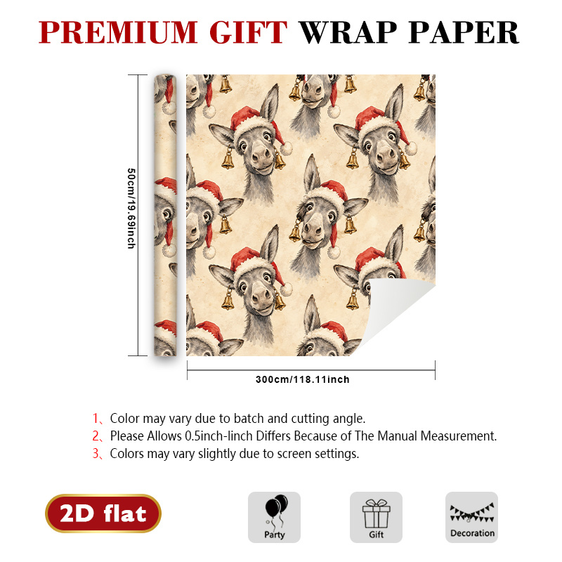 TEMU 1 Christmas Wrapping Paper Suitable For Birthdays, Winter Parties & Gift Exchanges - Donkey With Red Hat, & Snowflakes, Glossy Paper For Diy
